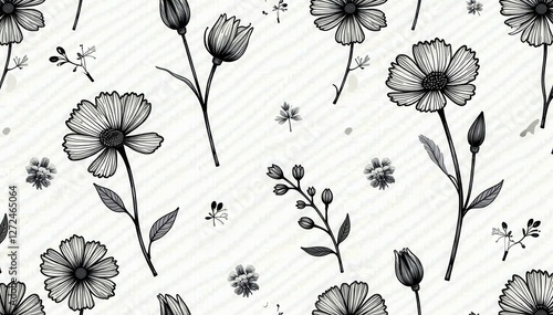 Delicate black & white floral wallpaper Minimalist, seamless repeat pattern , seamless, pretty