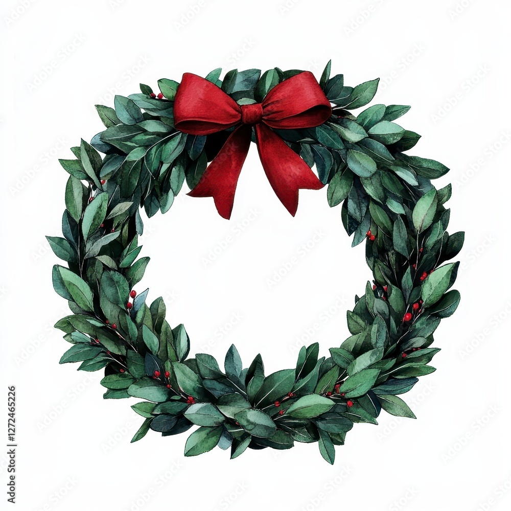 Fototapeta premium Festive Green Leaf Wreath with Red Bow for Holiday Decor