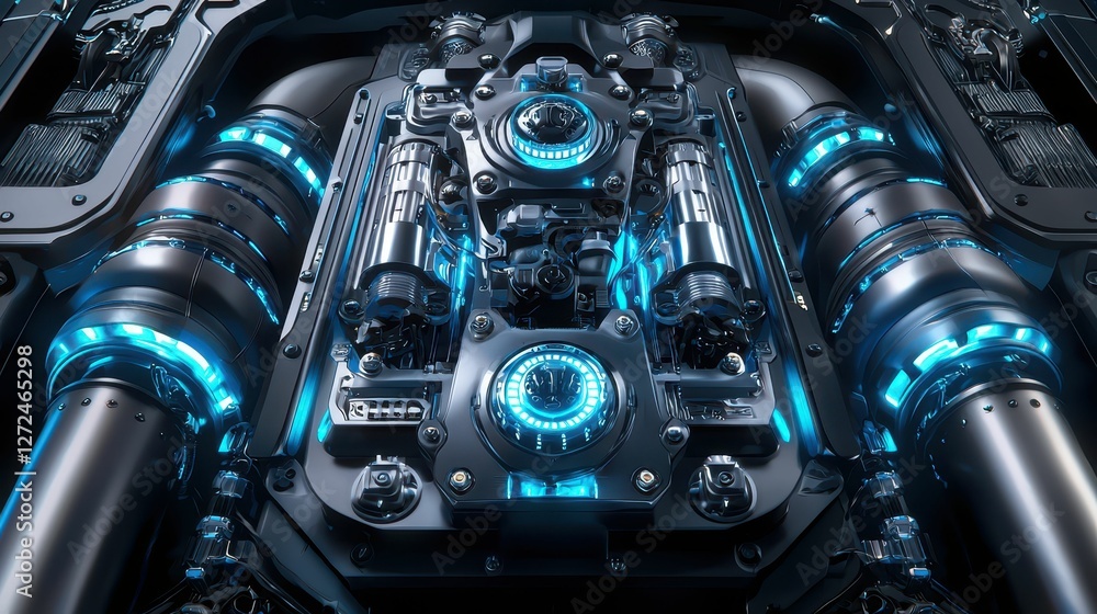 Futuristic Engine Design with Integrated Technology and Blue Lights Futuristic Engine Design with Integrated Technology and Blue Lights