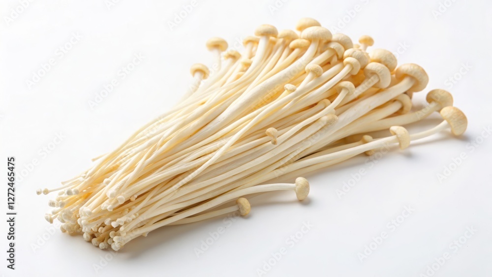 Enoki mushrooms with long stems isolated on white background Enoki mushrooms with long stems isolated on white background
