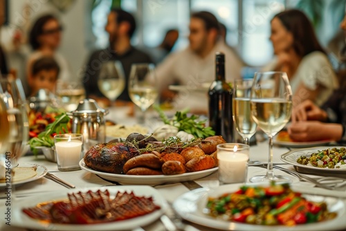 Elegant Shabbat table setting with family enjoying traditional meal together