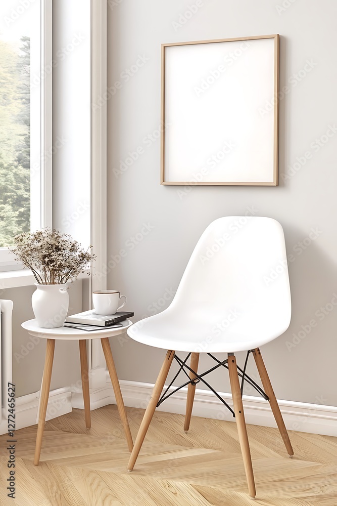 Modern Minimalist Interior with White Chair and Empty Frame Modern Minimalist Interior with White Chair and Empty Frame