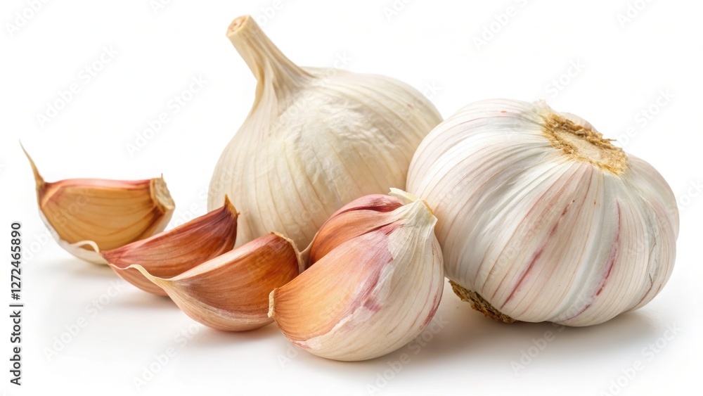 Obraz premium Garlic bulbs with cloves partially exposed isolated on white background