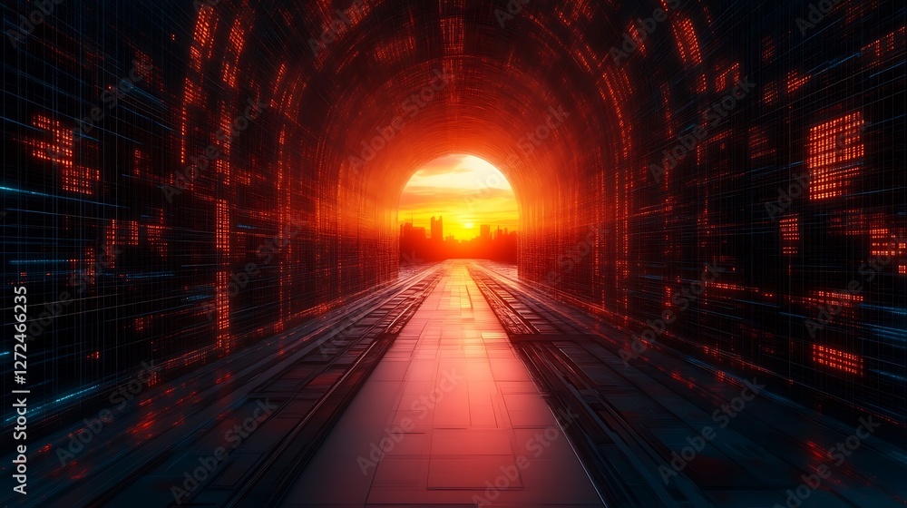 Fototapeta premium Cybernetic Pathway, A Digital Tunnel Leading to a Radiant Urban Horizon