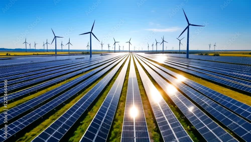 Large solar farm with wind turbines generating renewable energy under a clear blue sky. Sustainable energy concept