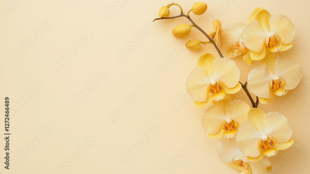 Naklejka premium Pale yellow orchids encased in a minimalist frame, offering a serene and elegant display