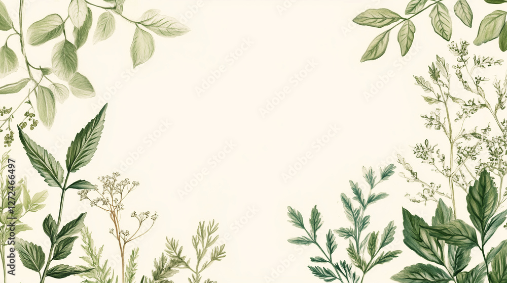 Fototapeta premium Fresh pastel green herbs inside a gentle frame, highlighting the freshness of nature