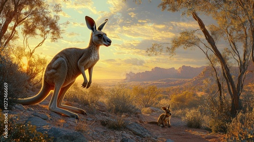 Red Kangaroo and Joey at Sunset in Outback Australia photo