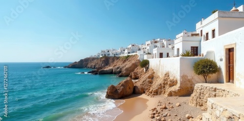 Ancient Essaouira's whitewashed buildings along the Moroccan coast, street, sky, historical site