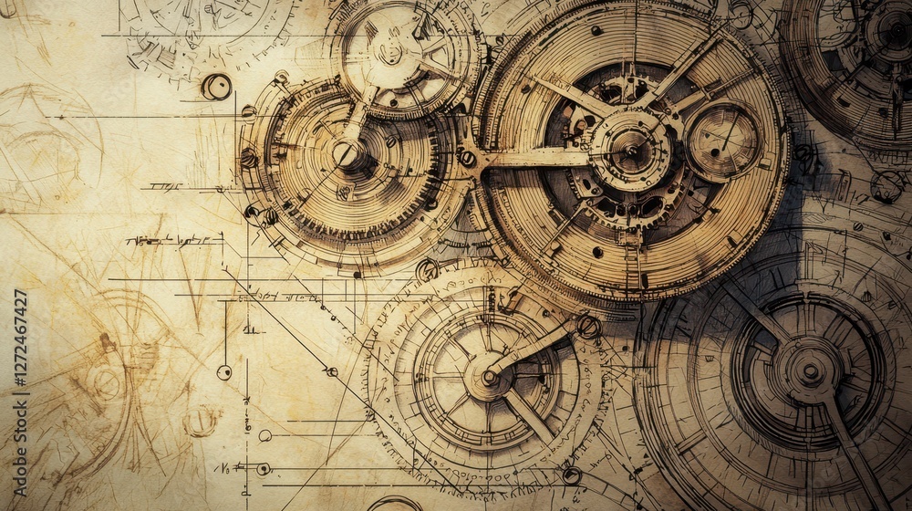 Intricate Hand-Drawn Engineering Blueprint with Gears and Diagrams Intricate Hand-Drawn Engineering Blueprint with Gears and Diagrams