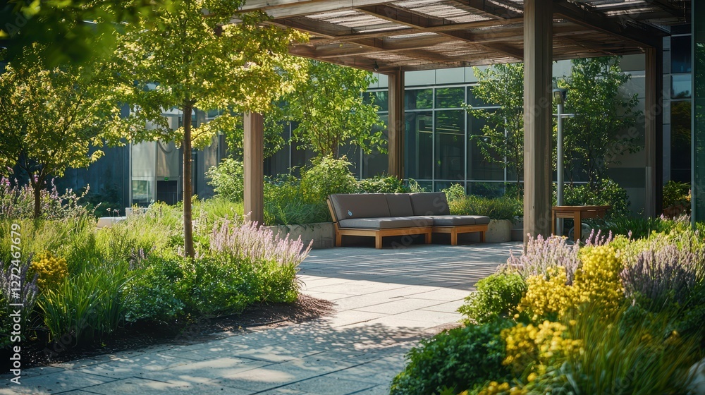 Fototapeta premium Cozy Garden Nook for Healing and Relaxation at Hospital Setting