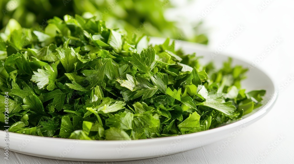 Fresh Green Herbs on Plate for Healthy Salad Preparation Scene Fresh Green Herbs on Plate for Healthy Salad Preparation Scene