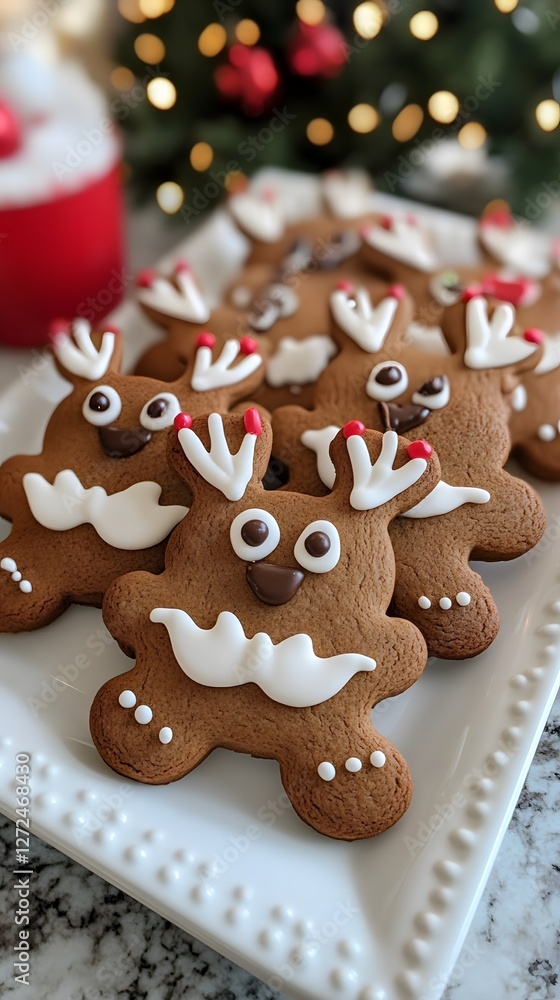 Festive reindeer-shaped gingerbread cookies on a decorative platter. Festive reindeer-shaped gingerbread cookies on a decorative platter.