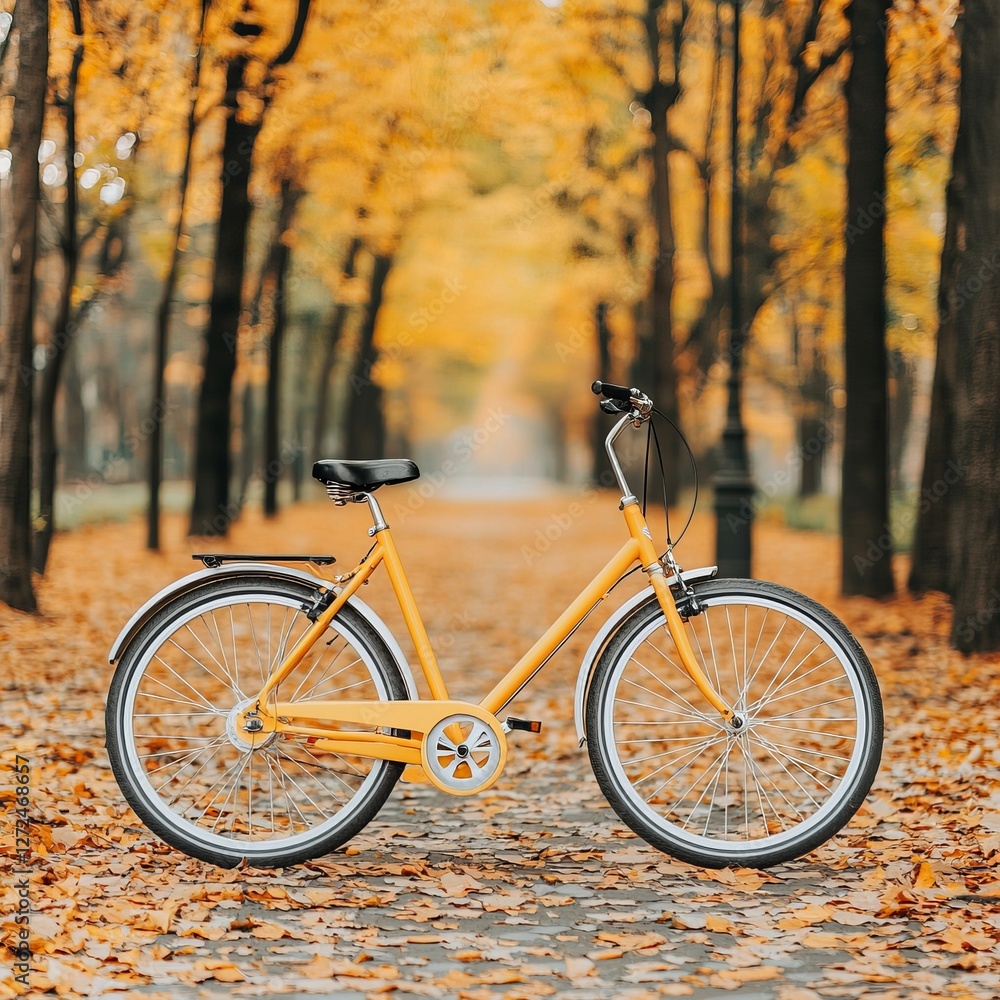Fototapeta premium Bright yellow bicycle parked on a path surrounded by autumn foliage in a park