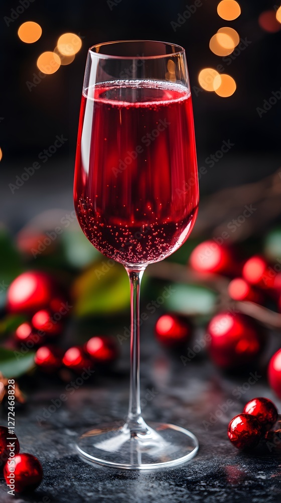 Elegant red sparkling drink in a flute glass surrounded by festive ornaments. Elegant red sparkling drink in a flute glass surrounded by festive ornaments.