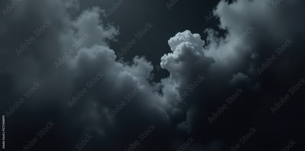Heavy, opaque grey smoke plume against pure black , black background, visual, design Heavy, opaque grey smoke plume against pure black , black background, visual, design