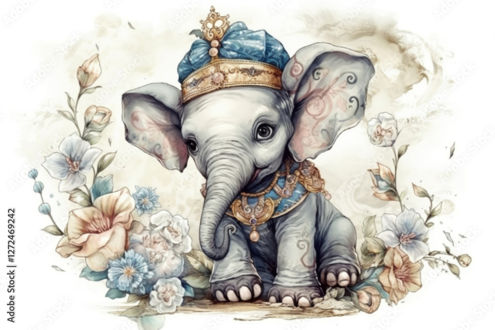 Fototapeta premium Watercolor drawing of a baby elephant. watercolor cartoon style, watercolor style, Generative AI