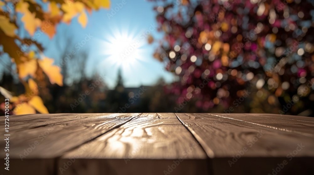Sunny Autumn Patio  Wooden Table  Fall Leaves  Blurred Background