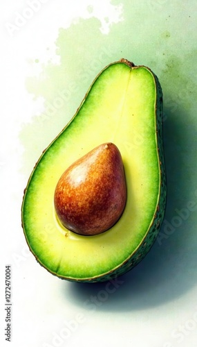 Close-up watercolor avocado, rich color gradients, clean white background , green, high resolution