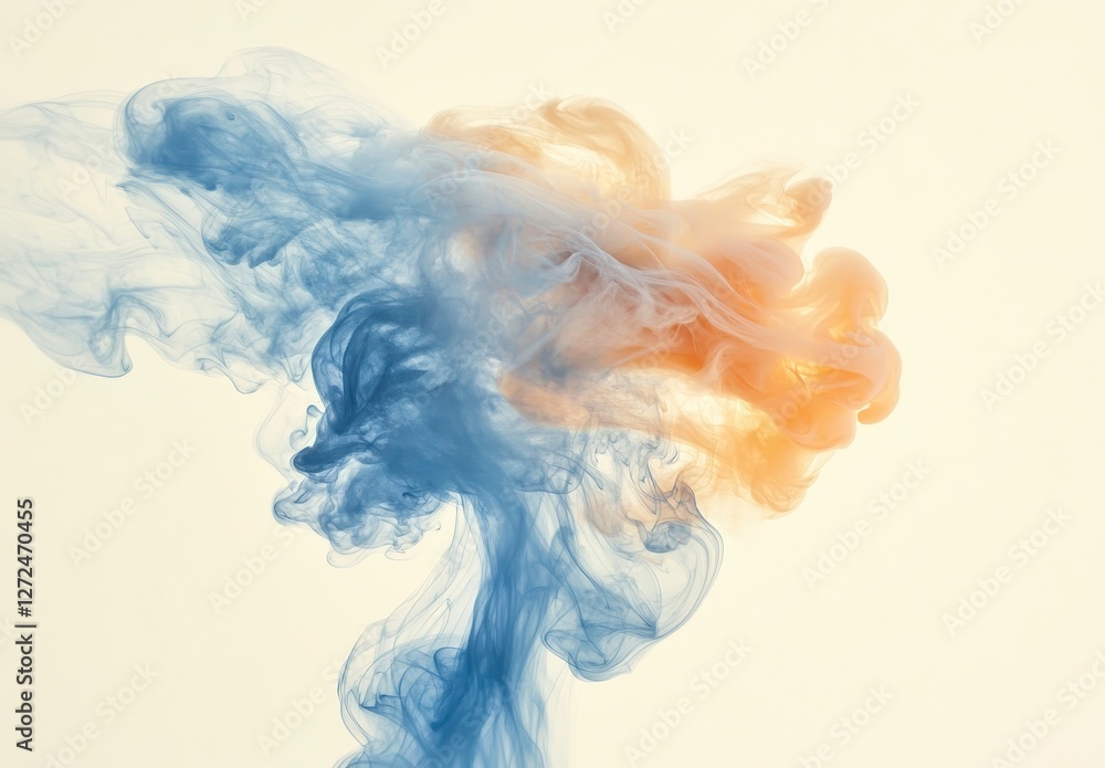Fototapeta premium Abstract Fluid Art with Blue and Orange Smoke Swirls on Light Background