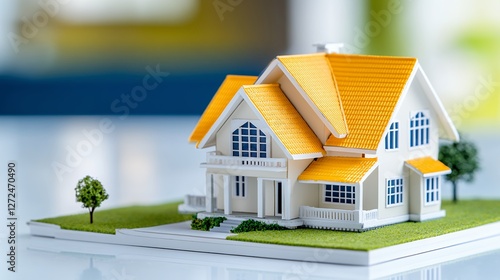 Wallpaper Mural Detailed Model of a Modern House with a Vibrant Yellow Roof and Green Base on a Bright Surface Torontodigital.ca