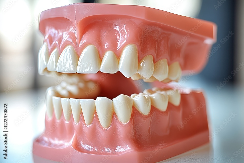 Obraz premium Close-up of a realistic dental model showing healthy teeth and gums. Ideal for dental websites, articles, and educational materials on oral hygiene.