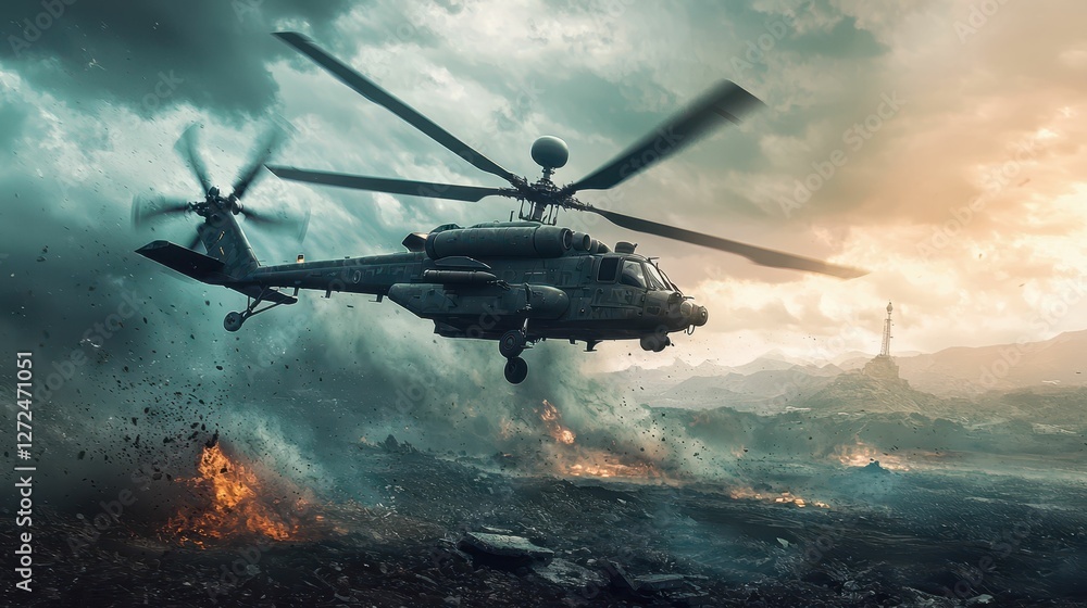 High-Tech Military Helicopter Hovering Over Dramatic Landscape High-Tech Military Helicopter Hovering Over Dramatic Landscape