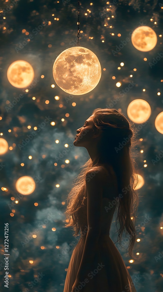 A young woman gazes at hanging moons against a starry night sky. A young woman gazes at hanging moons against a starry night sky.
