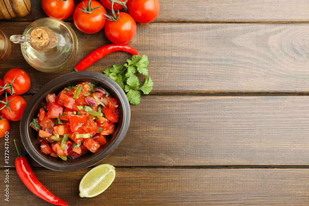 Delicious spicy salsa with ingredients on wooden table, flat lay. Space for text Delicious spicy salsa with ingredients on wooden table, flat lay. Space for text