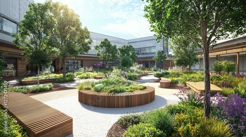 Modern Hospital Garden with Natural Elements and Innovative Design