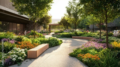 Healing Garden Designed for Wellness with Lush Greenery and Flowers