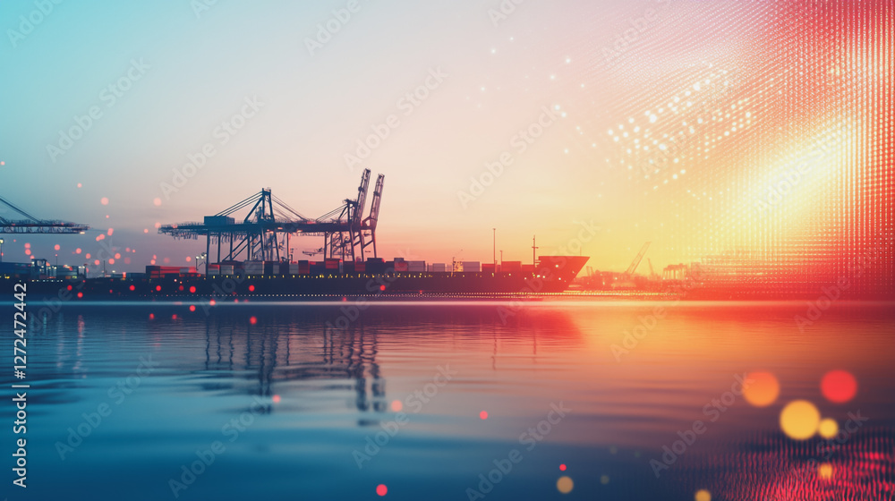 Obraz premium Container truck in ship port for business Logistics and transportation of Container Cargo ship and Cargo plane with working crane bridge in shipyard at sunrise, logistic import export and transport