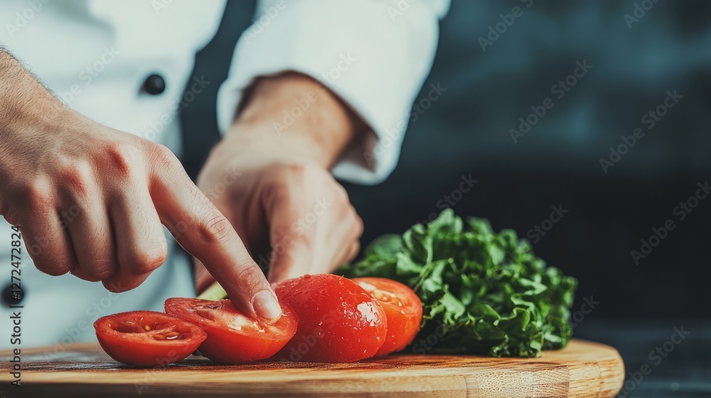 Chef skillfully slicing fresh tomatoes on a wooden cutting board with lettuce Chef skillfully slicing fresh tomatoes on a wooden cutting board with lettuce