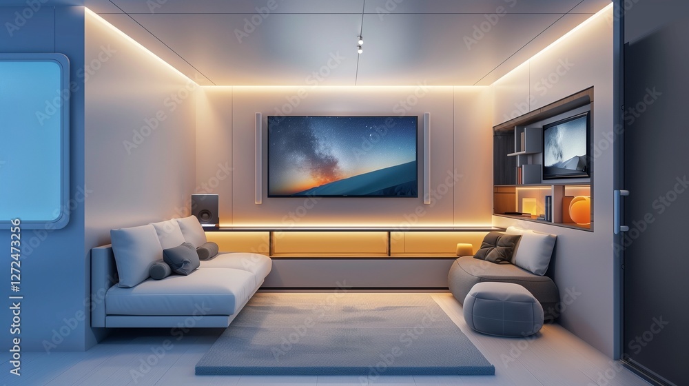 A modern media room with a large flat-screen TV mounted on a floating wall unit, modular seating, and ambient lighting, isolated on a pristine white background. A modern media room with a large flat-screen TV mounted on a floating wall unit, modular seating, and ambient lighting, isolated on a pristine white background.