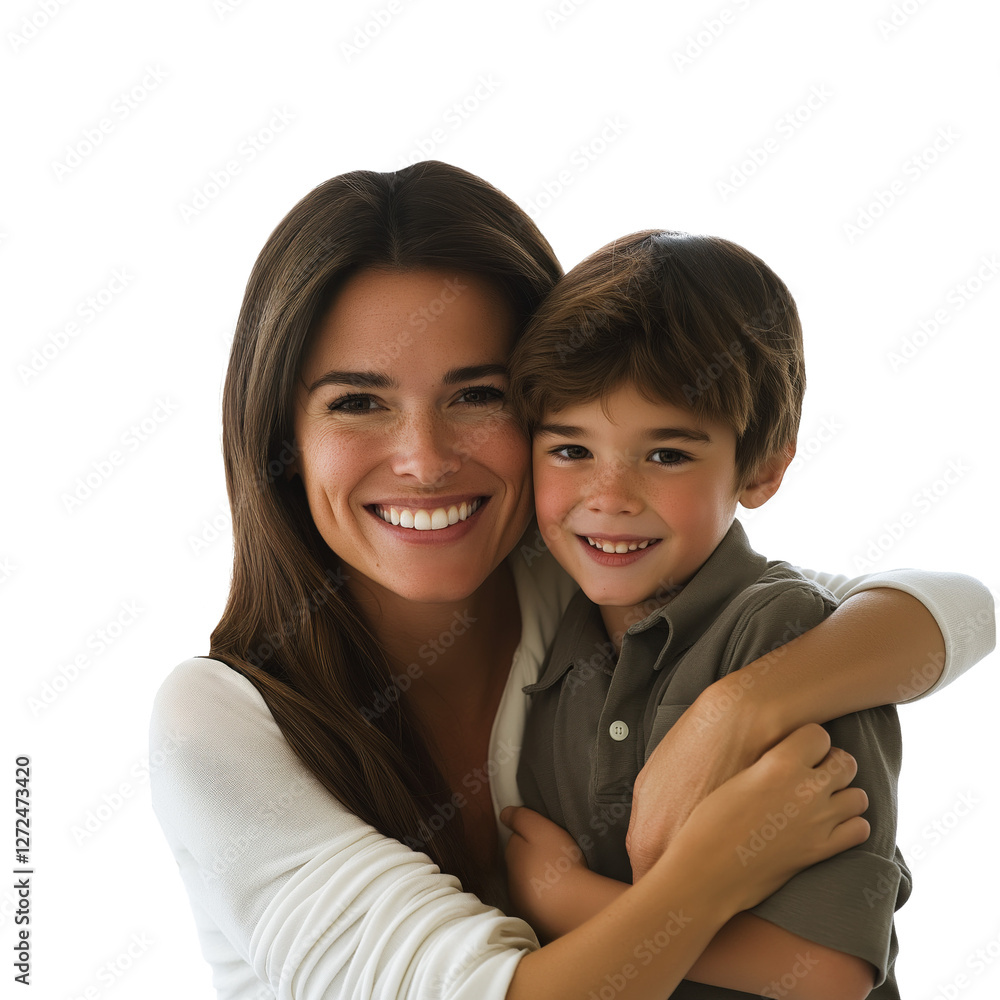 Caucasian mother and son embracing, isolated on white transparent background Caucasian mother and son embracing, isolated on white transparent background