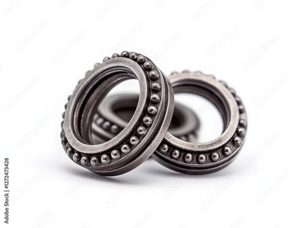 Close-up of metallic rings with beaded edges, creating a detailed industrial aesthetic. Close-up of metallic rings with beaded edges, creating a detailed industrial aesthetic.