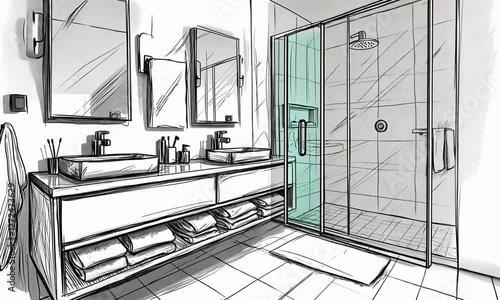 Modern bathroom design sketch featuring dual sinks, mirrors, and a glass shower enclosure