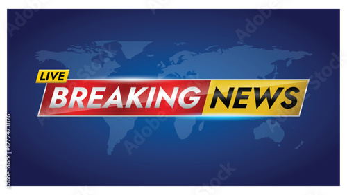 Set illustration of vibrant and dynamic "Breaking News" banner with bold red, yellow, and white text on a dark blue background featuring a world map. Ideal for news broadcasts and live updates.