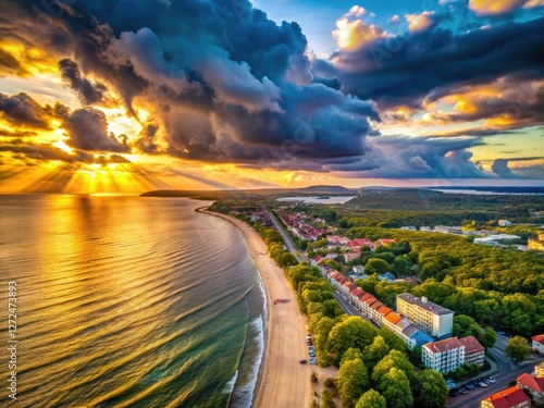 Fototapeta Naklejka Na Ścianę i Meble -  Moody Baltic sunset paints the Sopot and Gdynia coastline in dramatic hues; an aerial perspective reveals its beauty.