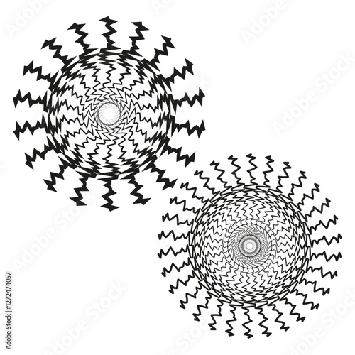 Abstract wave icon. Geometric spiral shape. Circular optical illusion. Black and white vector.