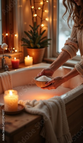 Woman adding bath salts to a cozy tub while preparing for a winter self-care ritual