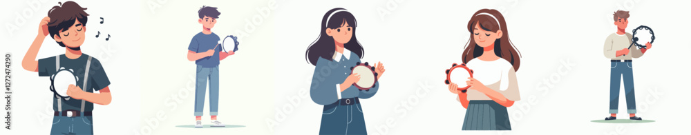 Vector of a teenager playing a tambourine with a relaxed expression, flat design, simple and minimalistic, plain white background, standing full body. Vector of a teenager playing a tambourine with a relaxed expression, flat design, simple and minimalistic, plain white background, standing full body.