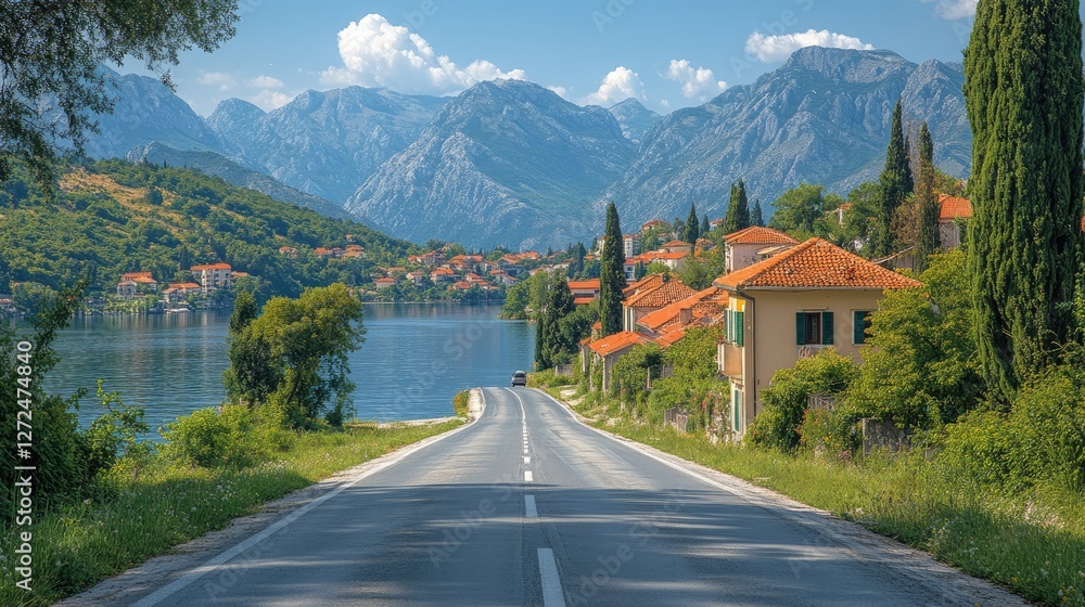 Coastal road trip, scenic mountains, summer village Coastal road trip, scenic mountains, summer village