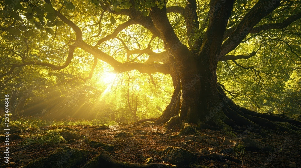 Fototapeta premium Enchanting Magical Forest with Ancient Trees and Sunlight Rays