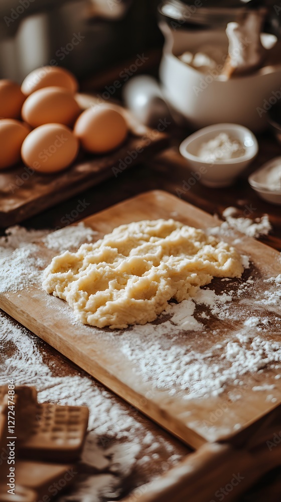 Dough preparation with eggs and flour on a rustic kitchen countertop. Dough preparation with eggs and flour on a rustic kitchen countertop.