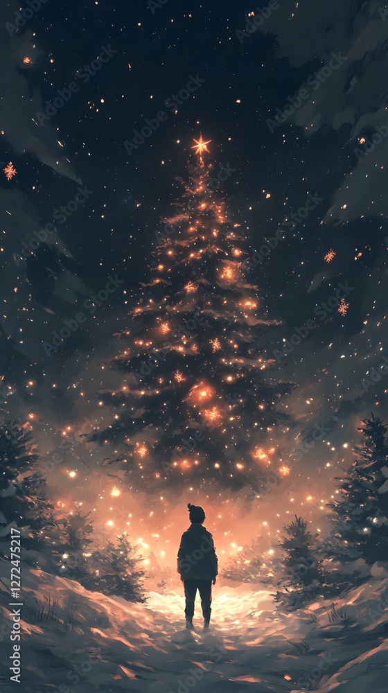 Obraz premium A child gazes at a glowing Christmas tree in a snowy forest setting.