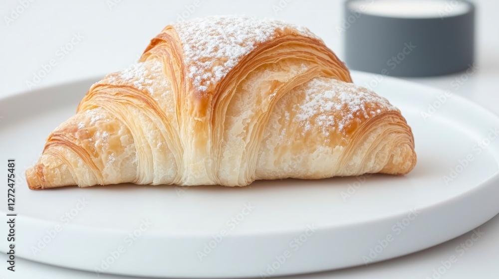 Delicious Golden Croissant Pastry on White Plate Breakfast Food Delicious Golden Croissant Pastry on White Plate Breakfast Food