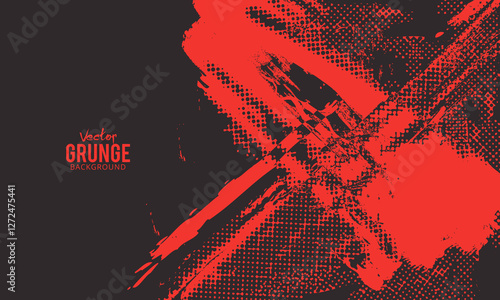 Red halftone dots bright color pattern gradient grunge texture on dark background. Dot pop art comic sport style vector illustration.