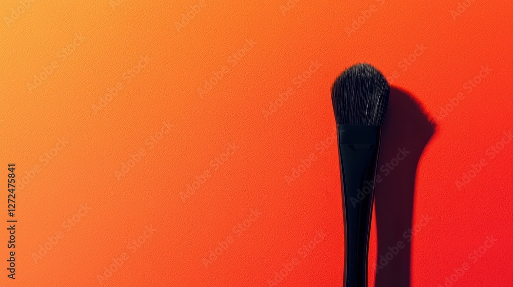 Minimalist Composition Featuring a Single Makeup Brush on Orange Background Minimalist Composition Featuring a Single Makeup Brush on Orange Background
