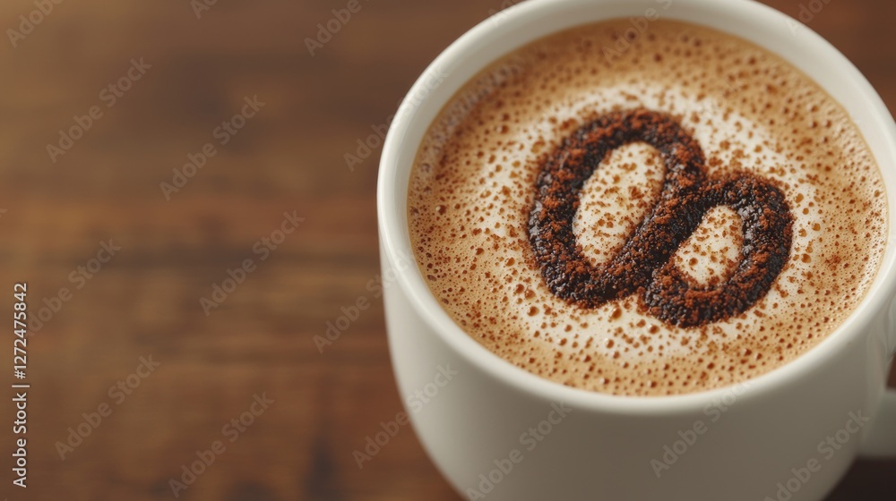 Close-up of a coffee cup with a pretzel design made from cocoa powder on top Close-up of a coffee cup with a pretzel design made from cocoa powder on top